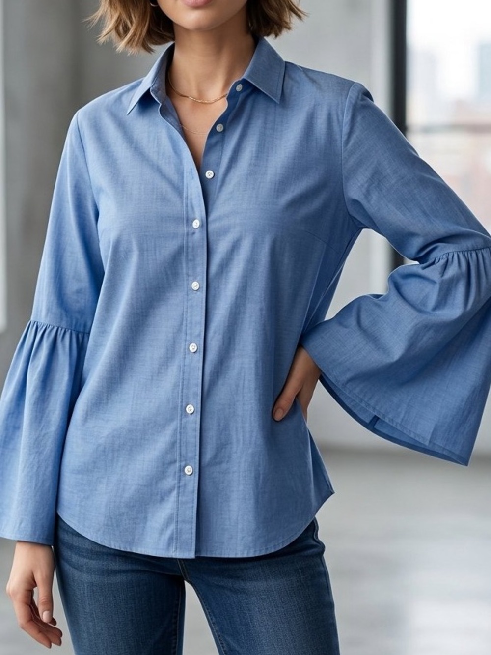 Ralph Lauren Blue Button-Down Shirt Fluted Sleeves Office Chic
